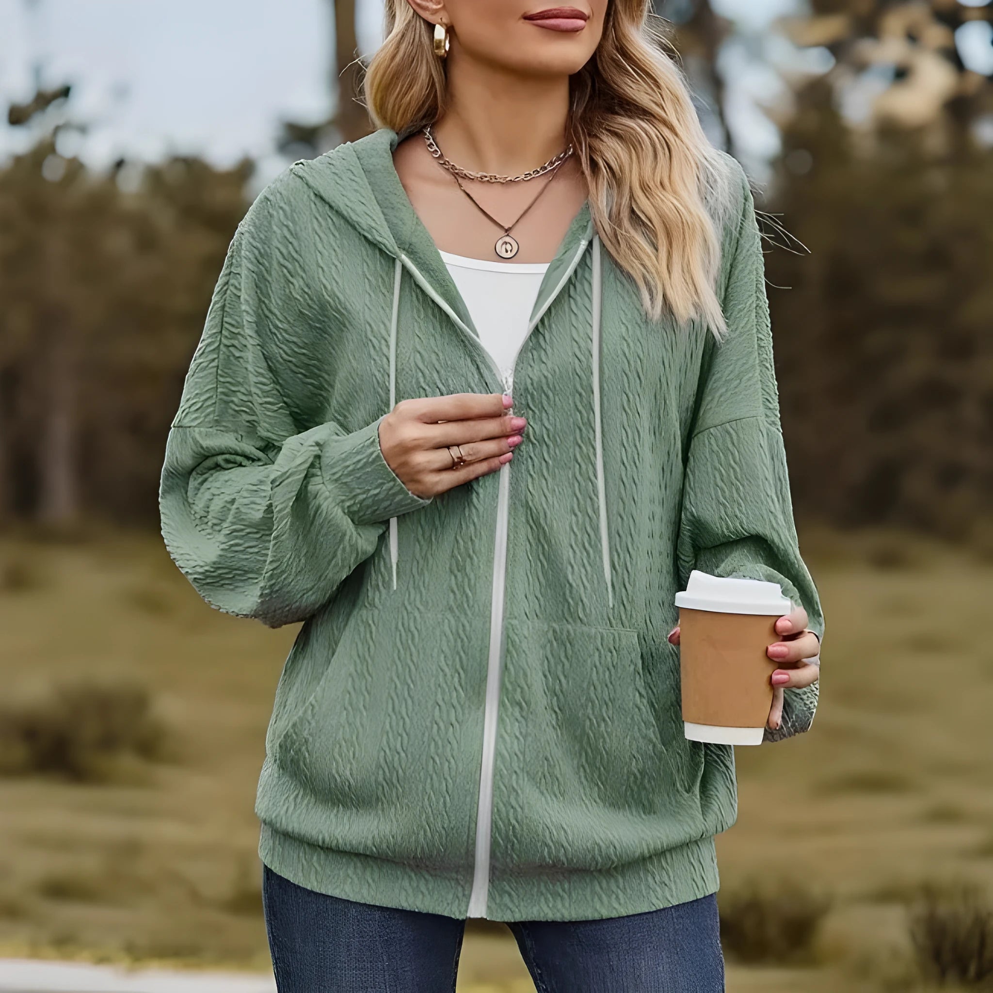 Green women's hooded sweater coat with full-length front zipper in loose casual style