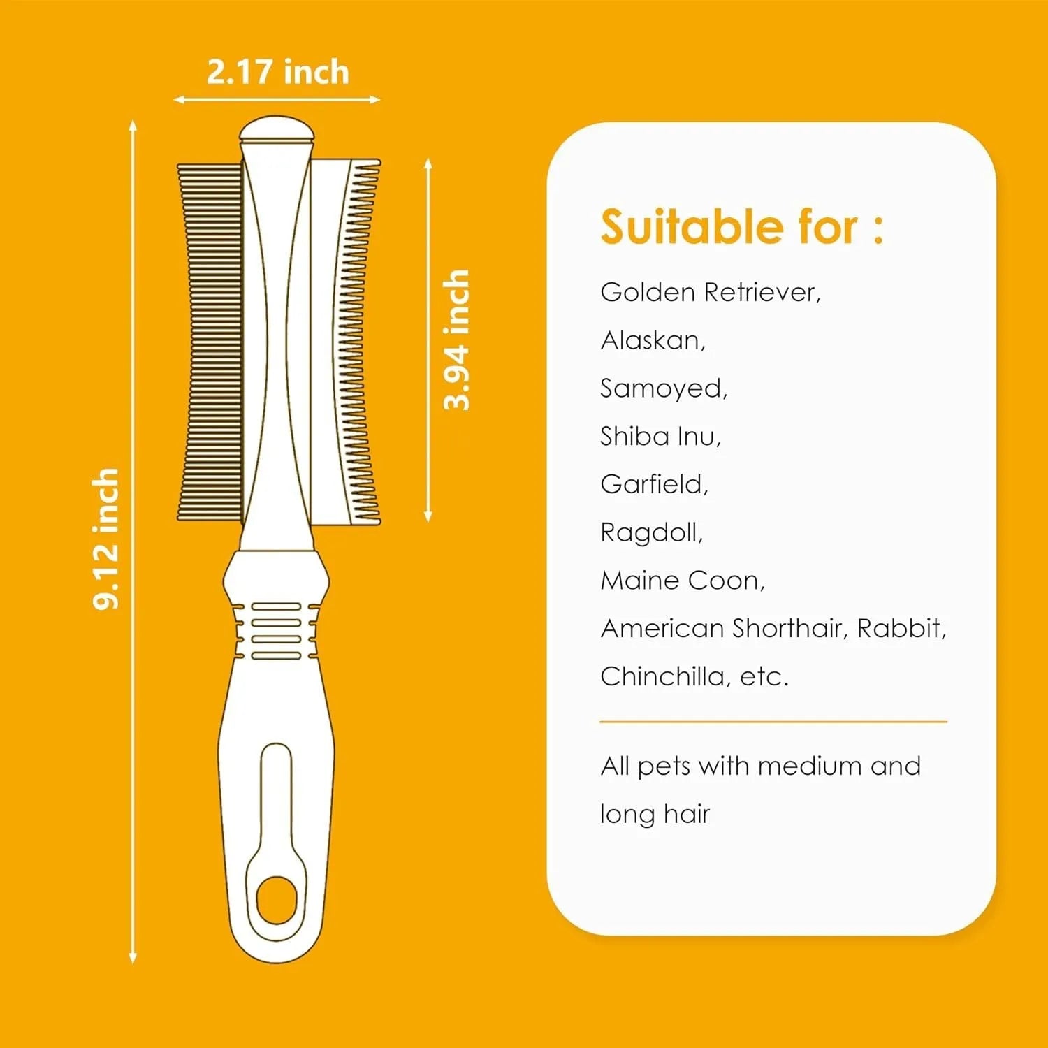 White 2 in 1 dog and cat deshedding brush with double-sided head and ergonomic handle.