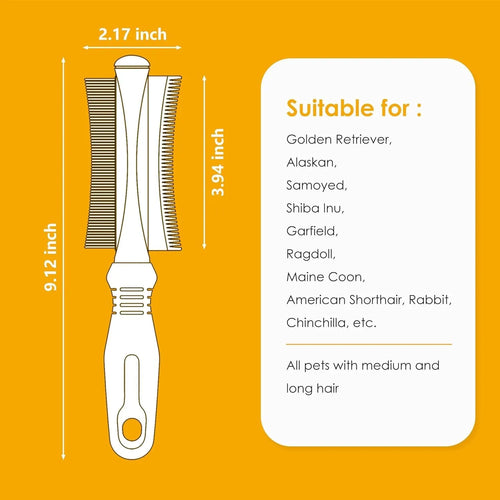 White 2 in 1 dog and cat deshedding brush with double-sided head and ergonomic handle.