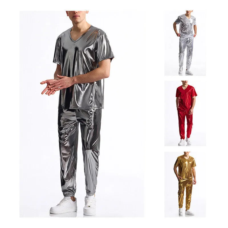 Men's bronzing disco suit set with short sleeve top and shorts in dark grey, silver, red or yellow, sizes S to 2XL
