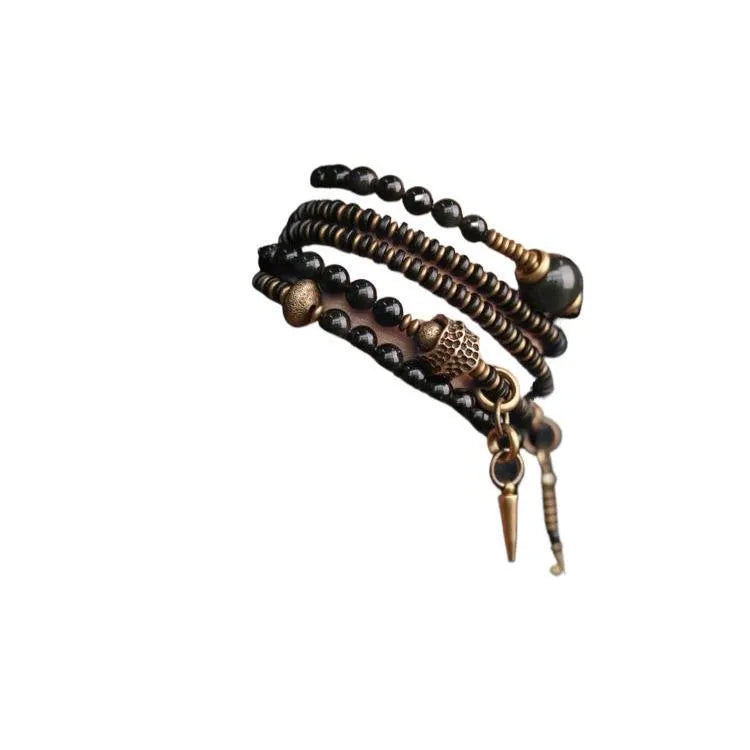 Black geometric multi layered bead bracelet with retro colourful beads on adjustable strap