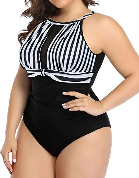 Women's black lace one-piece swimsuit on a hanger, with red floral and stripe pattern options shown.