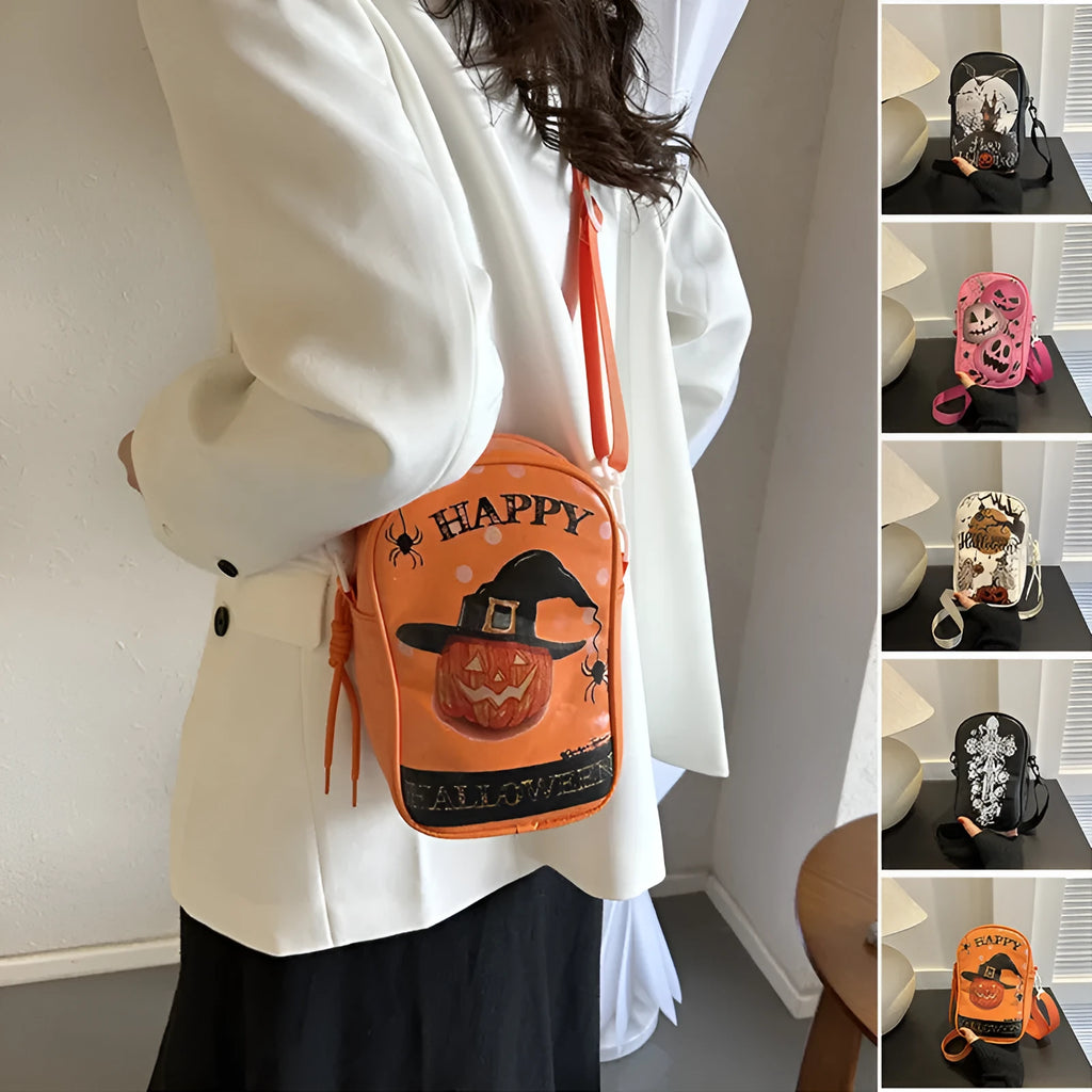 Halloween graffiti print crossbody bag with cartoon pumpkin, ghost and bat designs