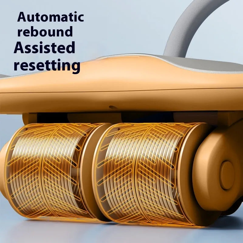 Black three-wheel abdominal exercise wheel with automatic rebound mechanism beside orange kneepad