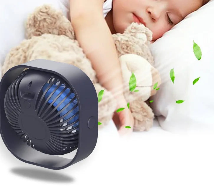 USB desk fan with rotating head in modern alarm clock design, showing colour options