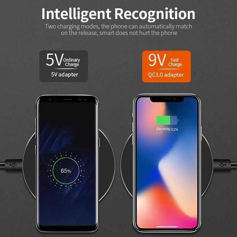 Black square ultra-thin wireless QI charging pad with dimensions 98mm by 98mm