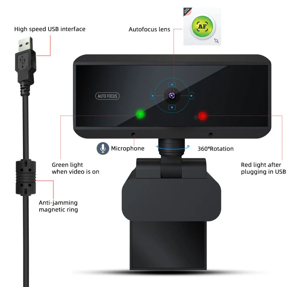 Desktop HD webcam with autofocus in black, with 1.7m USB cable