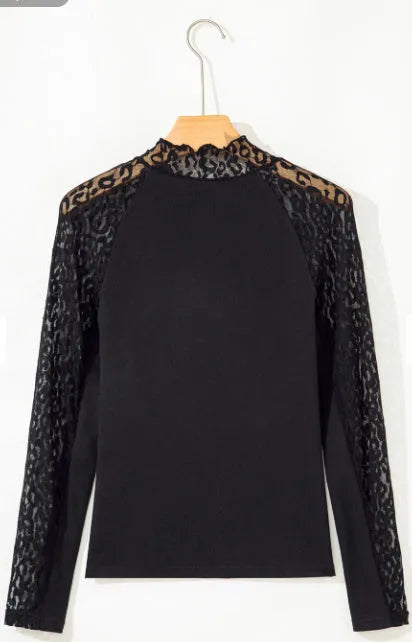 Black knitted long-sleeved top with leopard print mesh stitching for women
