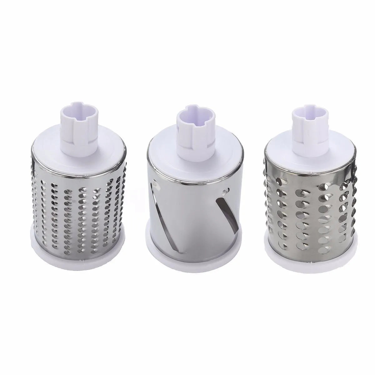 Round mandoline vegetable cutter with 3 stainless steel drum blades and suction base