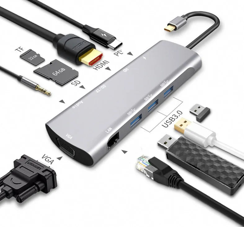 Grey aluminium USB-C docking station with HDMI, VGA, USB 3.0 ports and 140mm cable