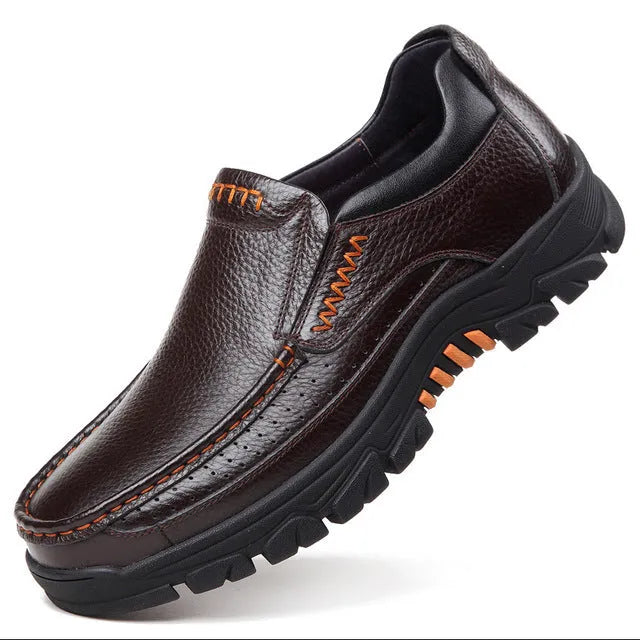 Men's black and brown cowhide leather slip-on business casual shoes with rubber sole.
