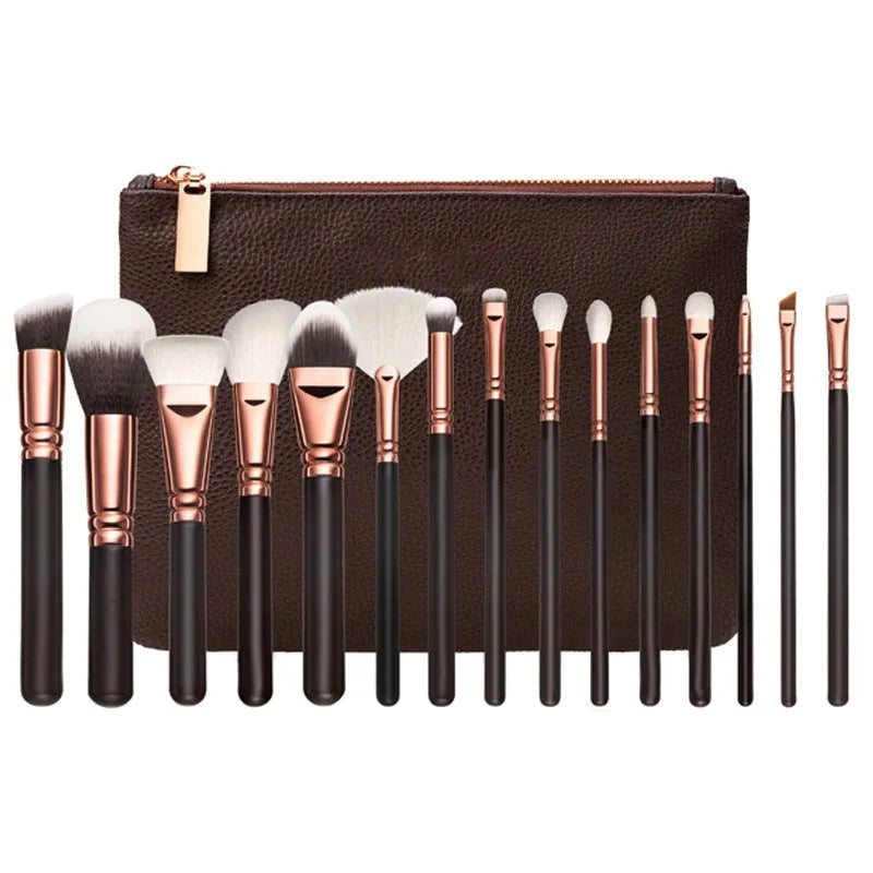 15-piece rose gold makeup brush set with bag, synthetic hair and wood handles on pink background