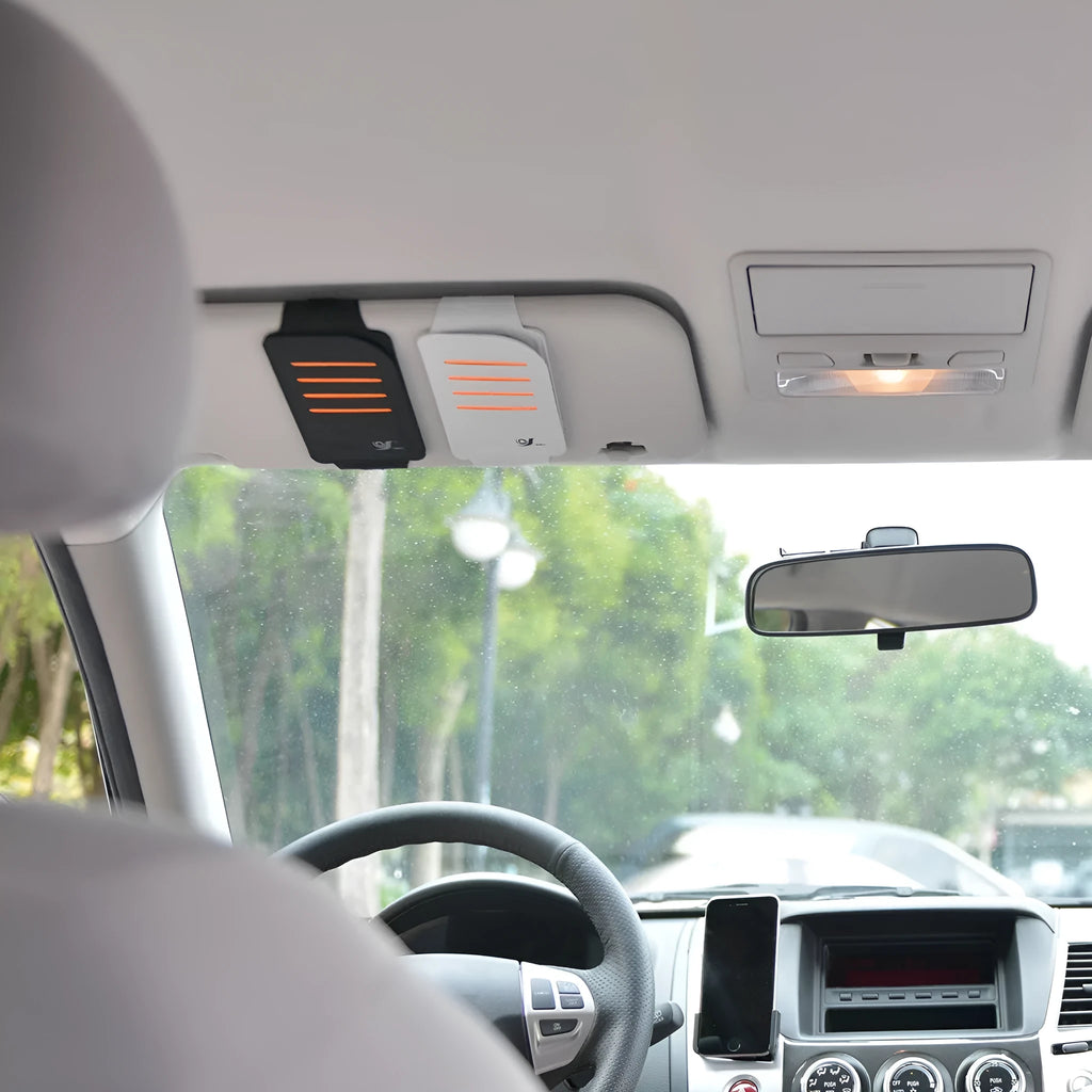 Car sun visor card holder storage bag in grey and black colours attached to vehicle interior