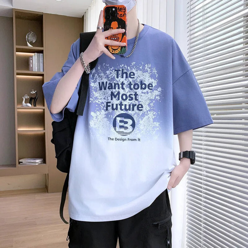 Boys youth printed T-shirt in dark blue, short sleeve, drop shoulder, cotton blend, sizes M-3XL