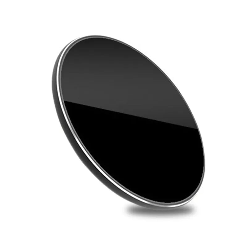 Ultra-thin aluminum wireless charger in silver colour showing charging indicator light