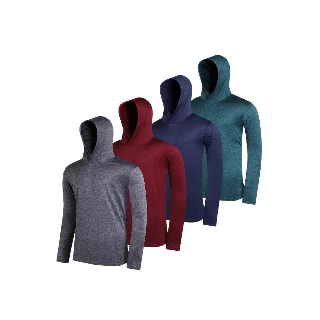 Four men's lightweight hoodies in elastic polyester fibre showing five colour options and size range S to XXXL