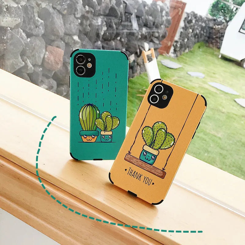 Cactus embossed iPhone case in blue with TPU and leather back cover, cartoon style.