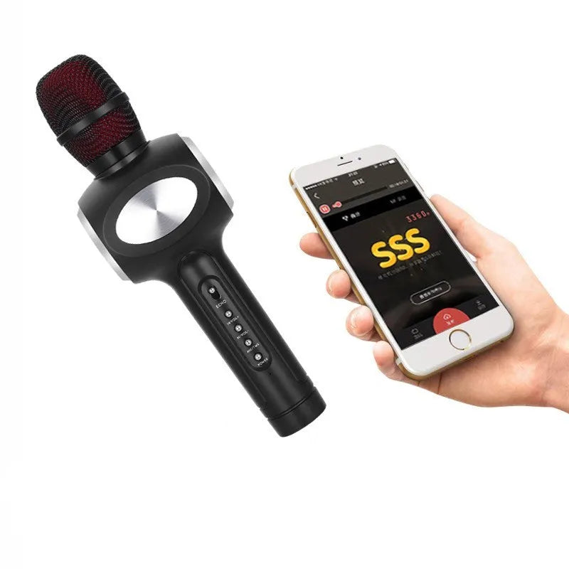 Yaerjia E108 black mobile microphone with built-in speaker for portable karaoke singing