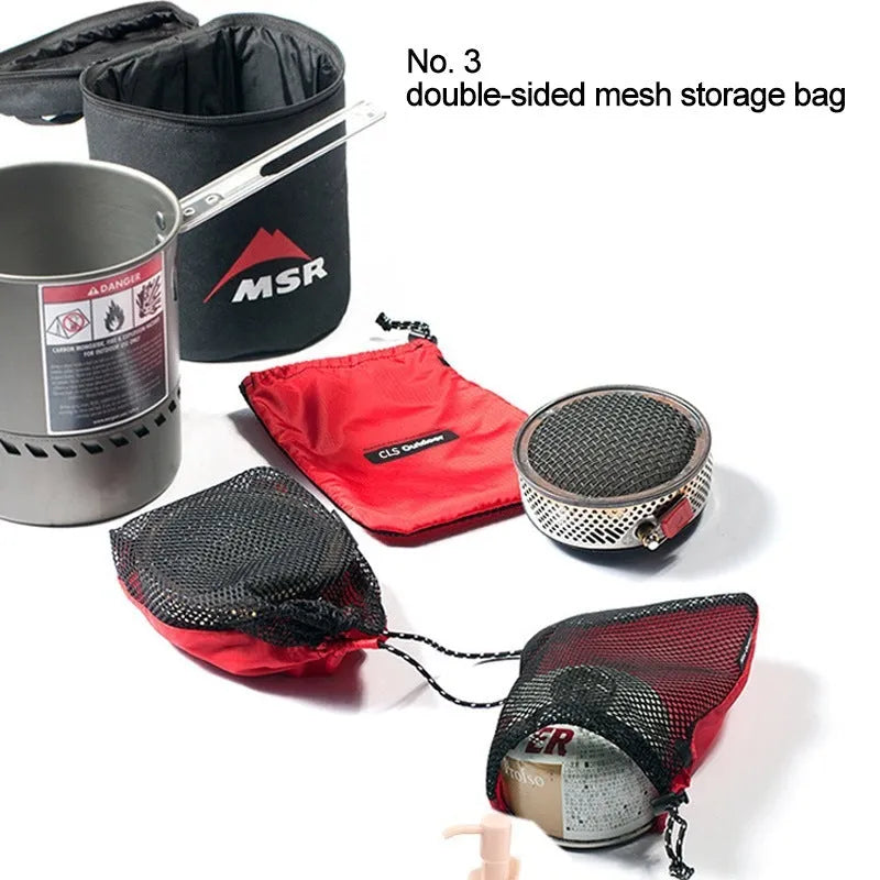 Set of five red outdoor travel storage bags with mesh panels and zipper closures