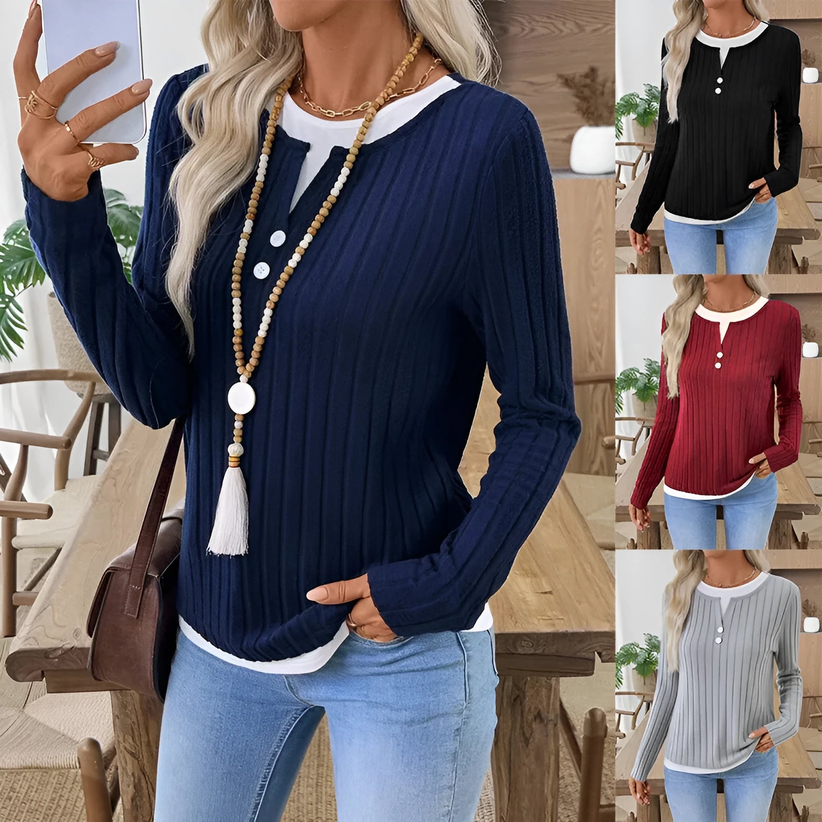 Women's fake two-piece round neck button pullover grinding sweater in concave stripe polyester.
