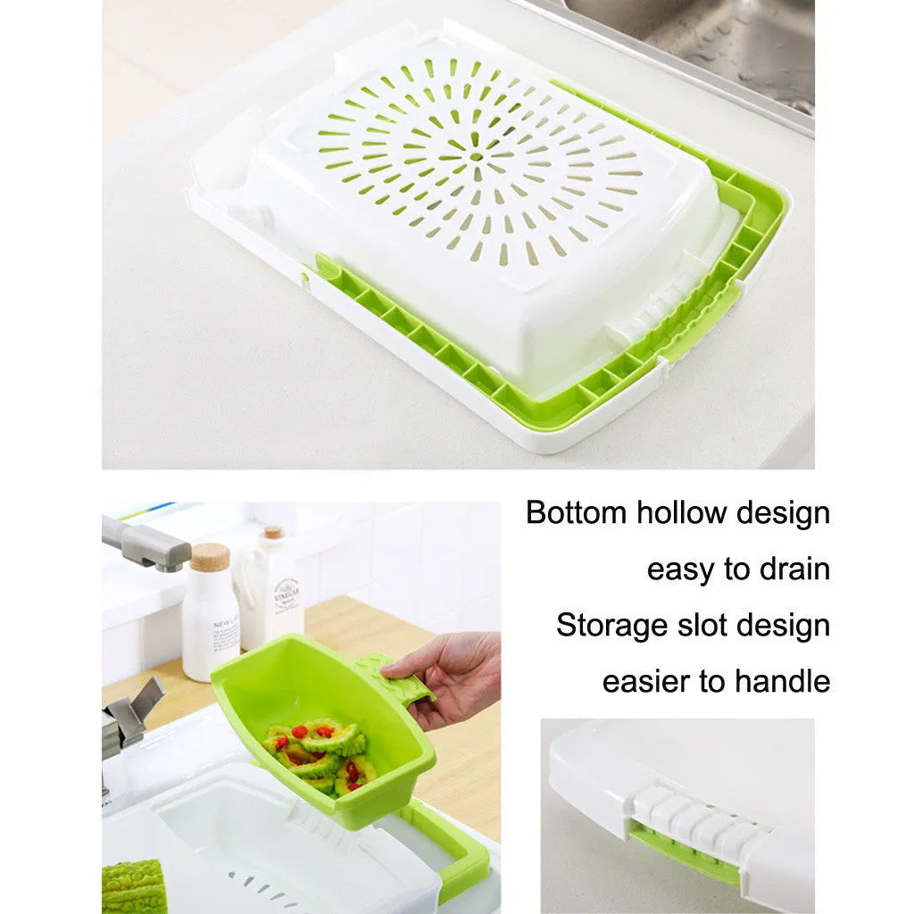 Multi-function kitchen drain cutting board in green, blue or grey, 48x8.7x25cm, with sink basket and storage trough.