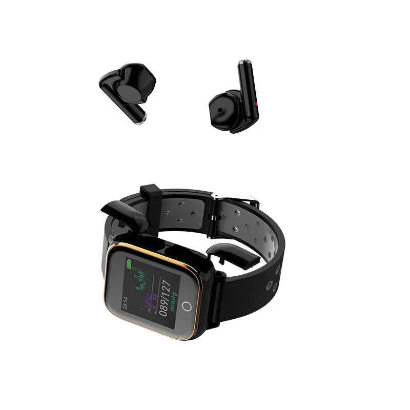 Smartwatch with Bluetooth earbuds stored in charging case showing heart rate display