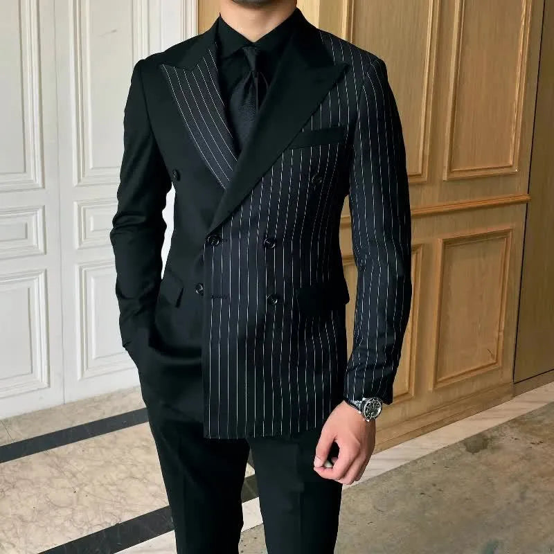 Black striped double breasted men's blazer with regular collar, double slits, sizes M to 3XL