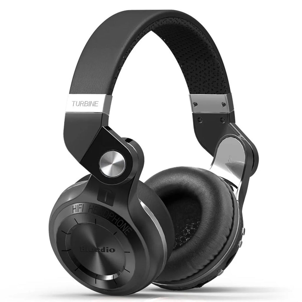 Bluetooth stereo headset in black, blue, red, or white colour with over-ear design and in-line subwoofer card.
