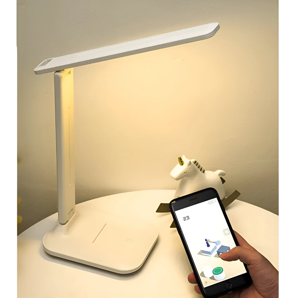 White plastic touch dimming bedside lamp with USB charging socket for children's bedrooms