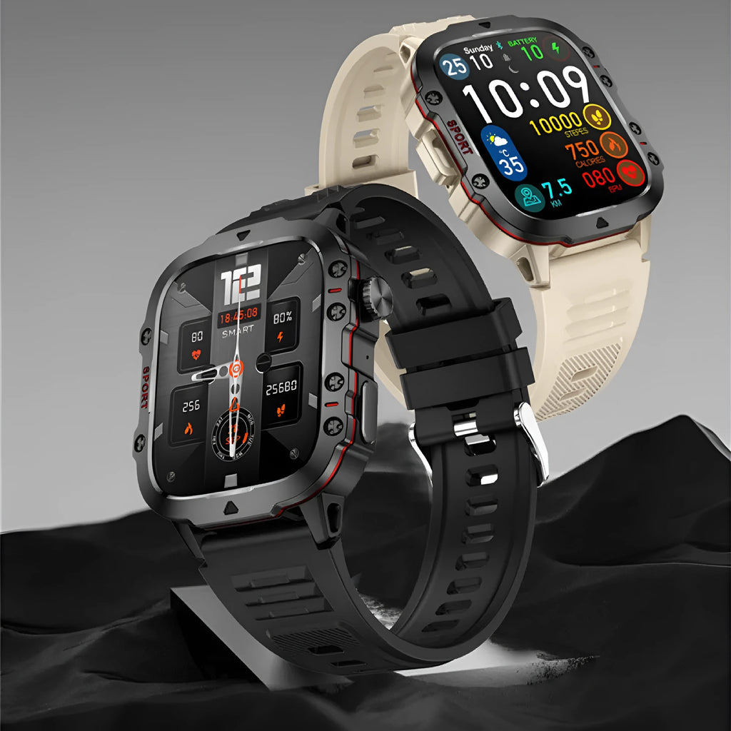 QX11 smart watch with TFT screen on wrist, showing black and khaki colour options with different strap styles.