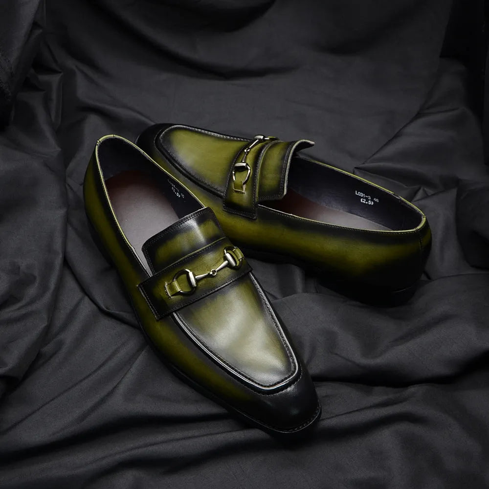Men's cowhide leather slip-on shoes with pointed toe, low horseshoe heel, plaid print, green or black
