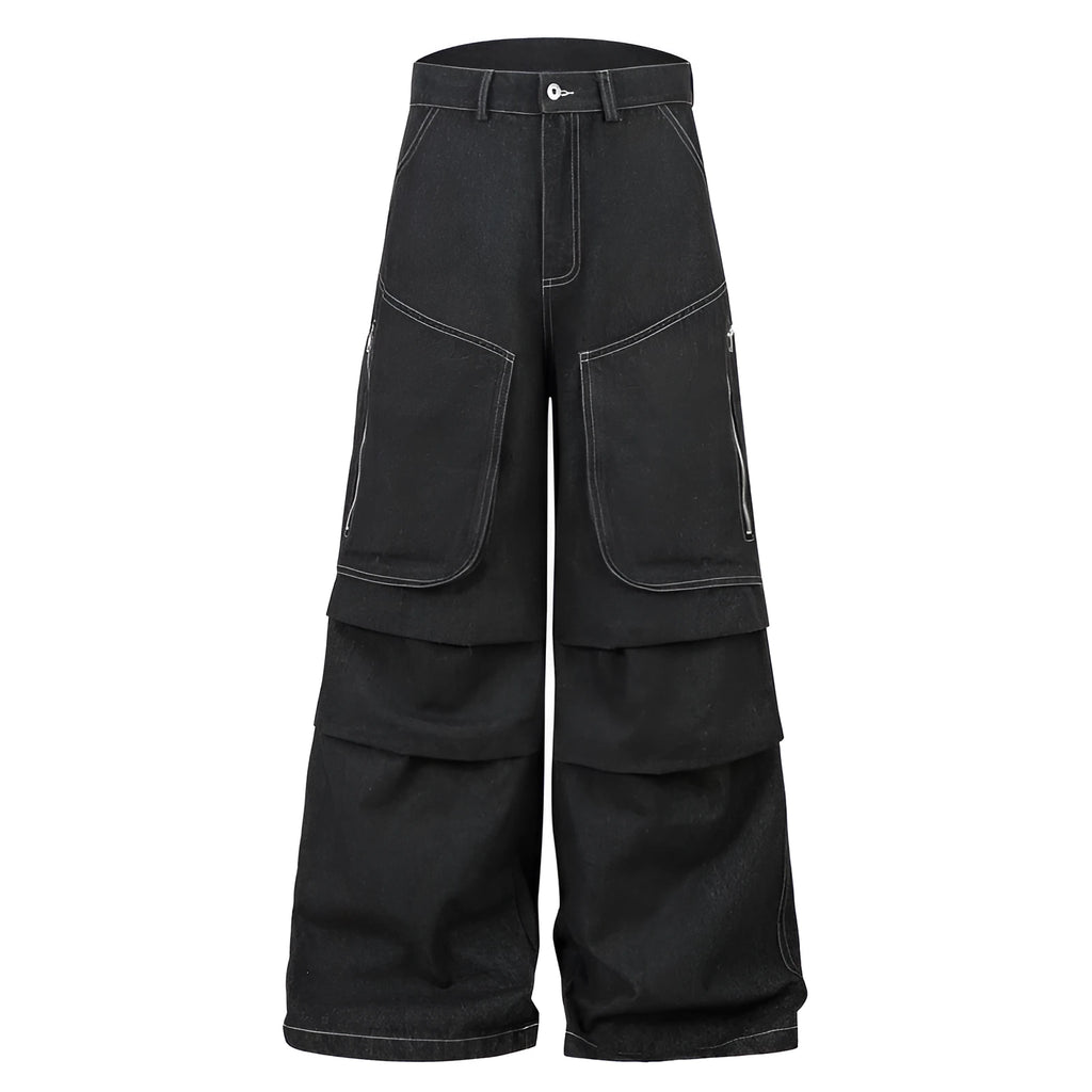 Black pleated jeans with multiple pockets, mid-waist design, and zip placket closure