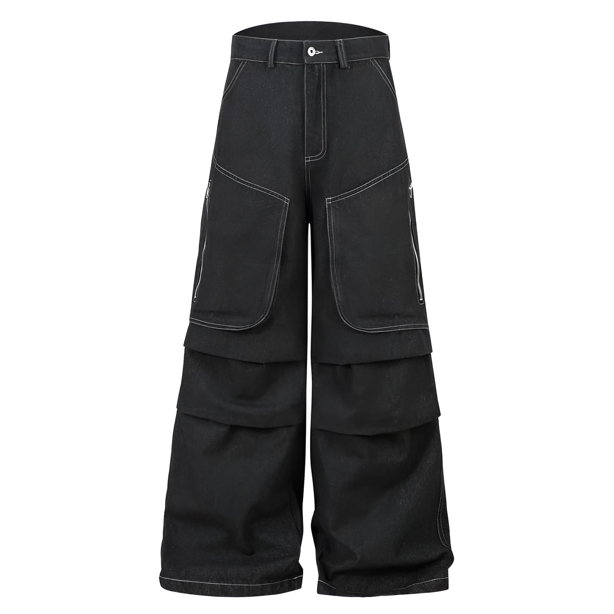 Black pleated jeans with multiple pockets, mid-waist design, and zip placket closure