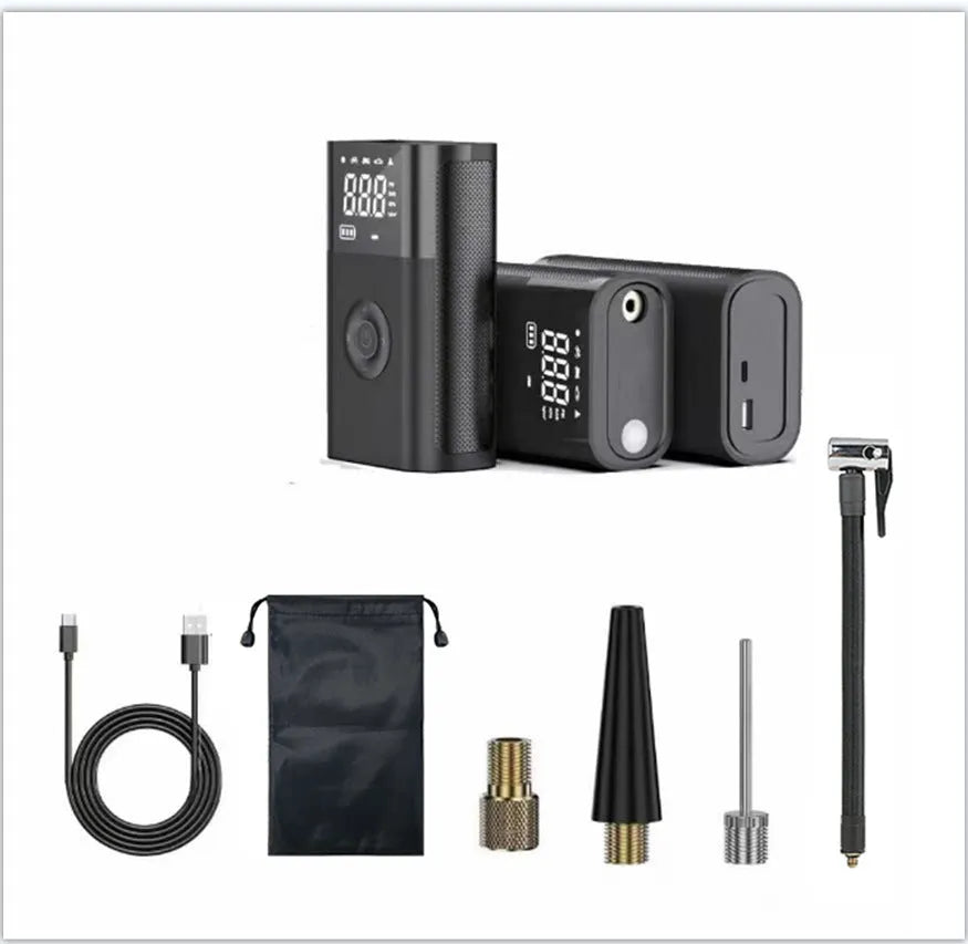 Wireless handheld digital display air pump with LED light and accessory nozzles for car and bicycle tyres