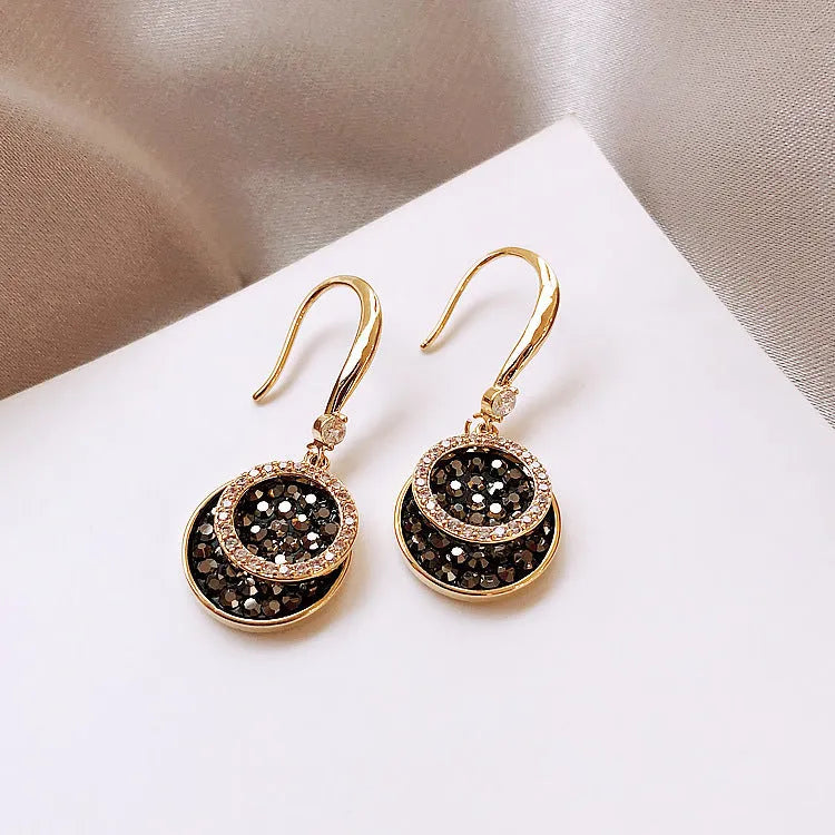 Black geometric circular alloy earrings with 3.6cm length and retro Hong Kong style design