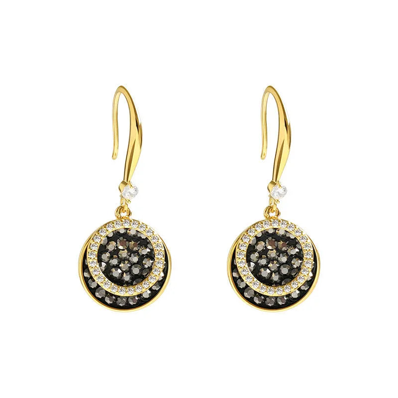Black geometric circular alloy earrings with 3.6cm length and retro Hong Kong style design