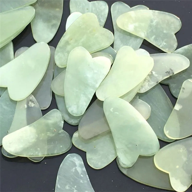 Natural jade gua sha scraping board 6.3cm by 4.5cm, about 0.4cm thick and 60g, in green and pink