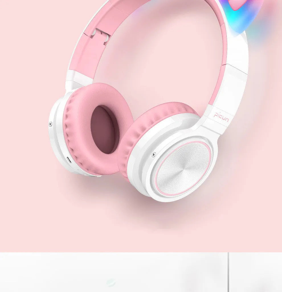Pink and white luminous Bluetooth headset with LED lighting and over-ear design