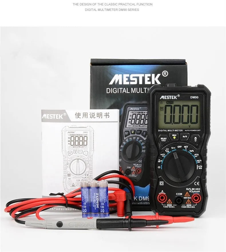 DM90A digital multimeter with test leads showing 6000-count display and temperature measurement function