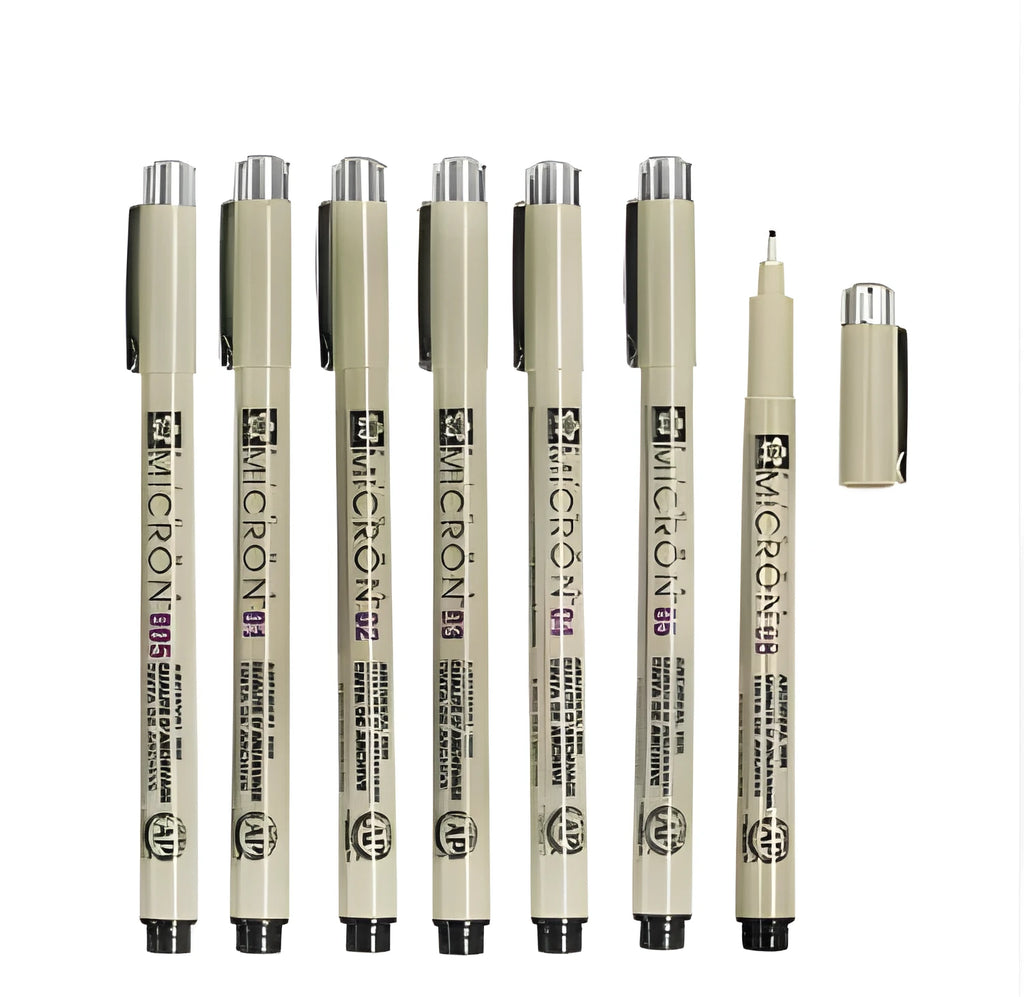 Pack of 7 Sakura Pigma Micron needle sketch pens with assorted nib sizes from 0.2mm to 0.5mm
