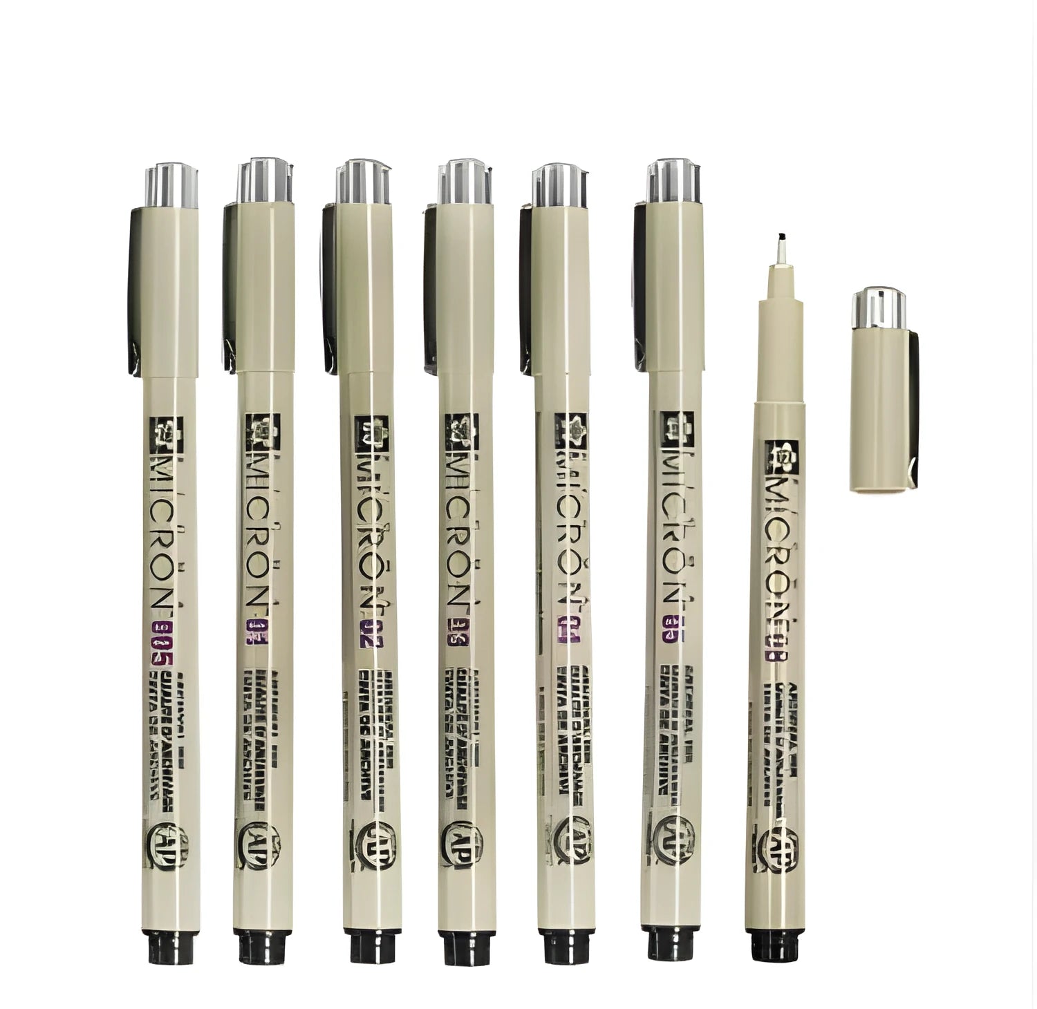 Pack of 7 Sakura Pigma Micron needle sketch pens with assorted nib sizes from 0.2mm to 0.5mm