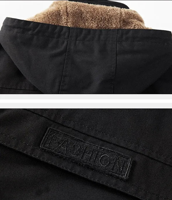 Men's thickened winter jacket with stand-up collar and zip front, loose fit casual coat in khaki, black, earthy yellow or military green