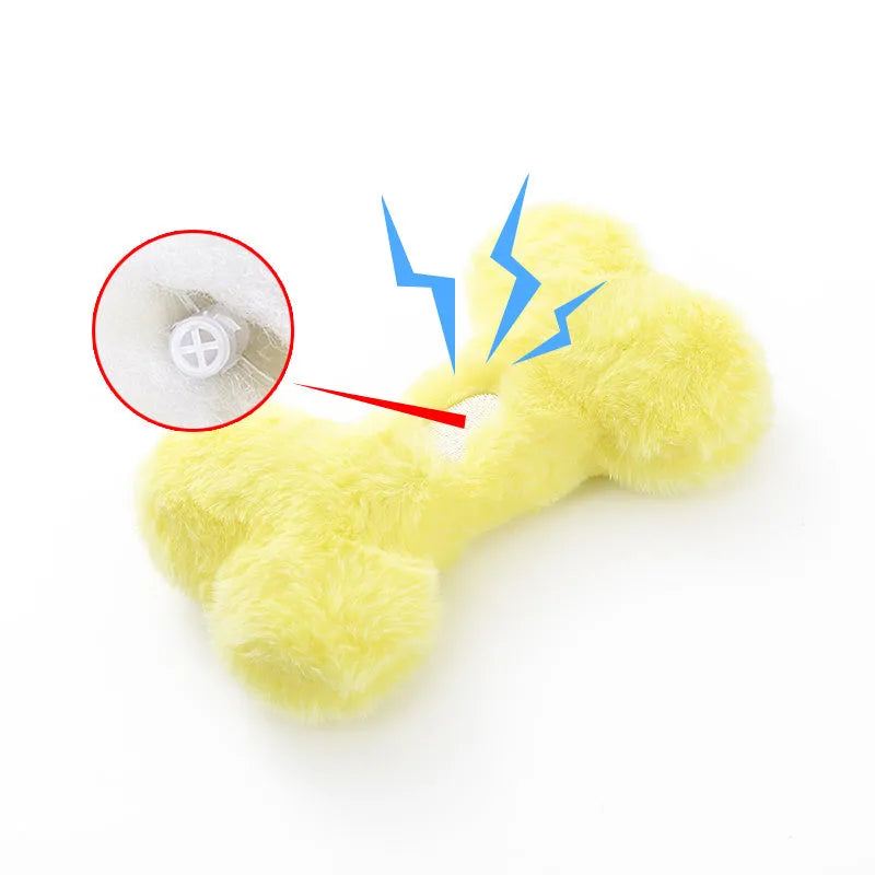 Love bone shaped plush dog toy in blue, pink or yellow colours with vocal interactive features
