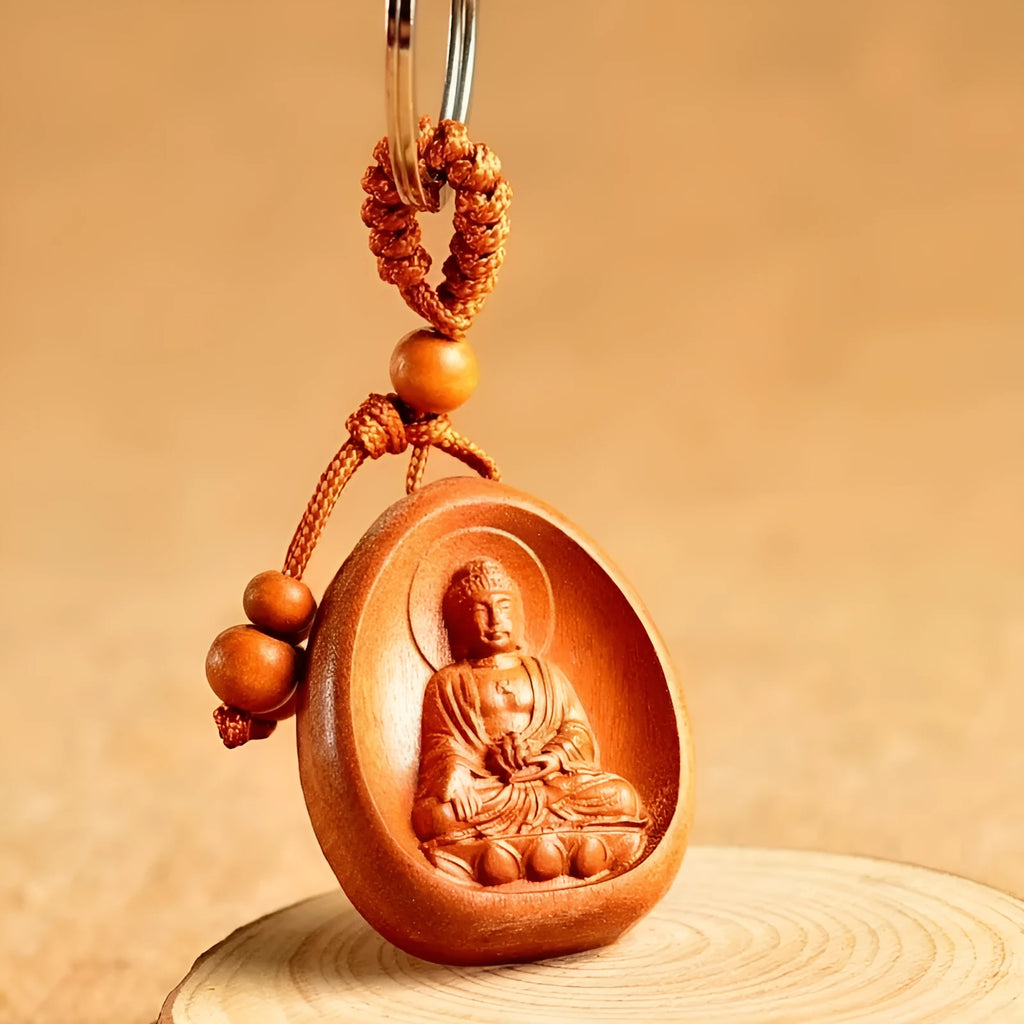 Eight patron saint keychains in peach wood colour, each 10 x 3.2 x 4 cm, Taomu Buddhist keychain set