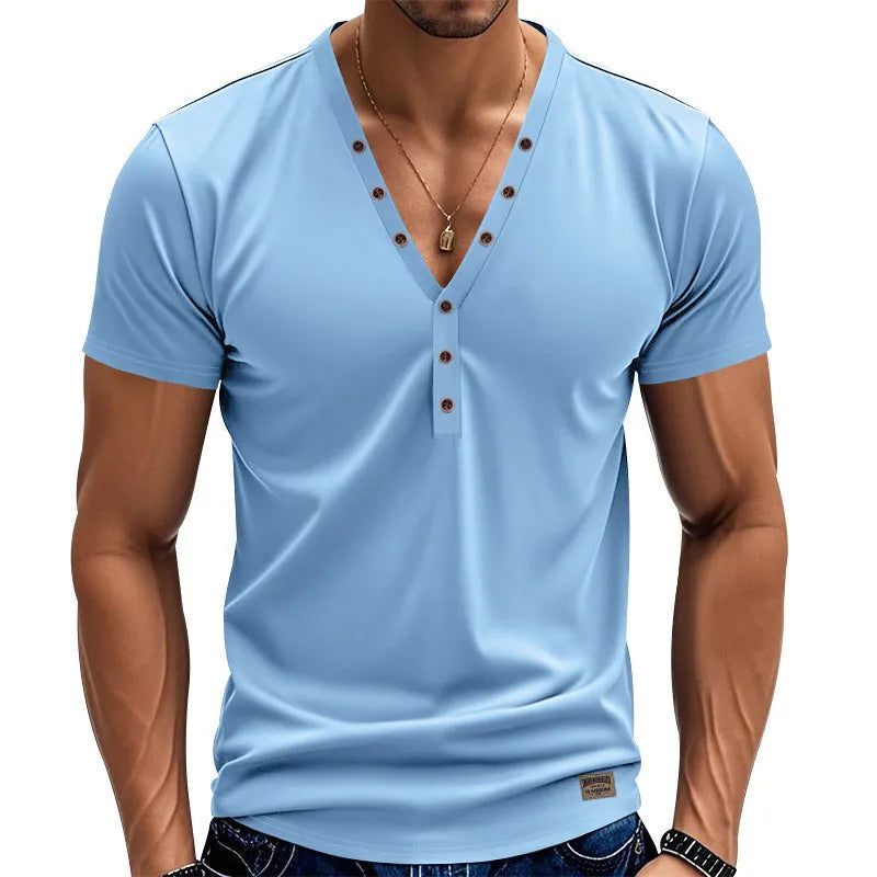 Men's loose fit V-neck button top in chemical fibre blend fabric for sports wear