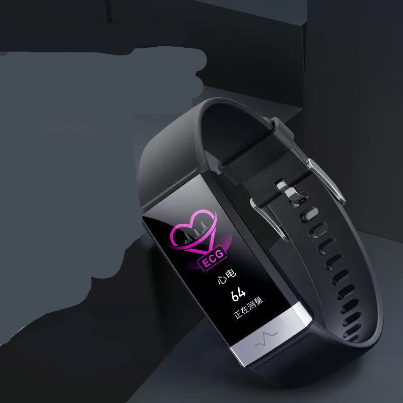 V19 smart health bracelet in black, blue, or red with ECG and SpO2 monitoring display.