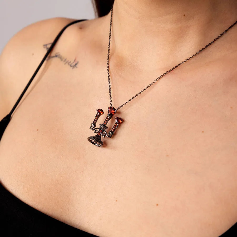 Gothic pendant necklace with hollow candlestick design and cross chain in retro colour