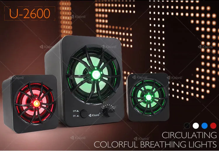 Green 2.1 USB computer speaker with glowing colourful lights showing USB and audio jack ports