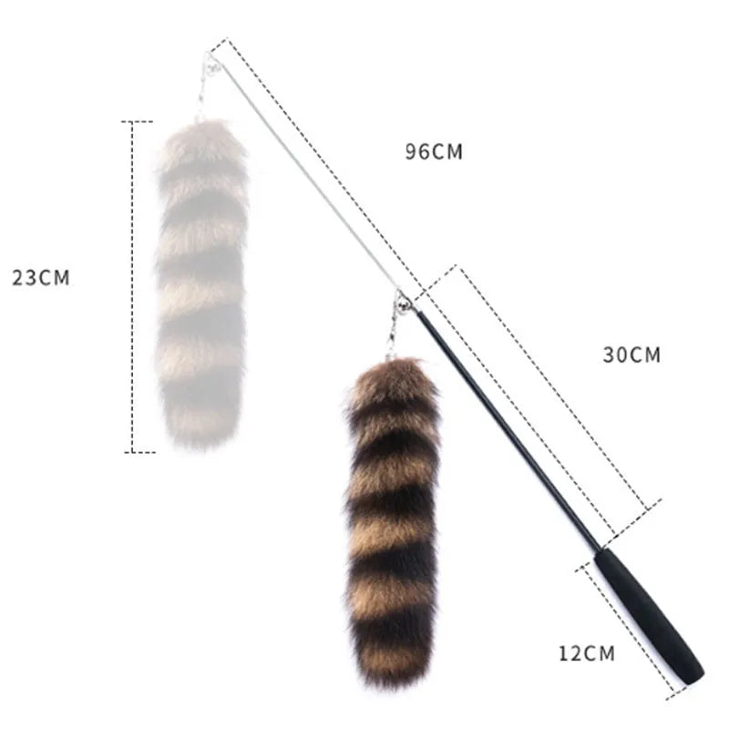 Black cat toy wand with feather attachment and long elastic string for interactive play