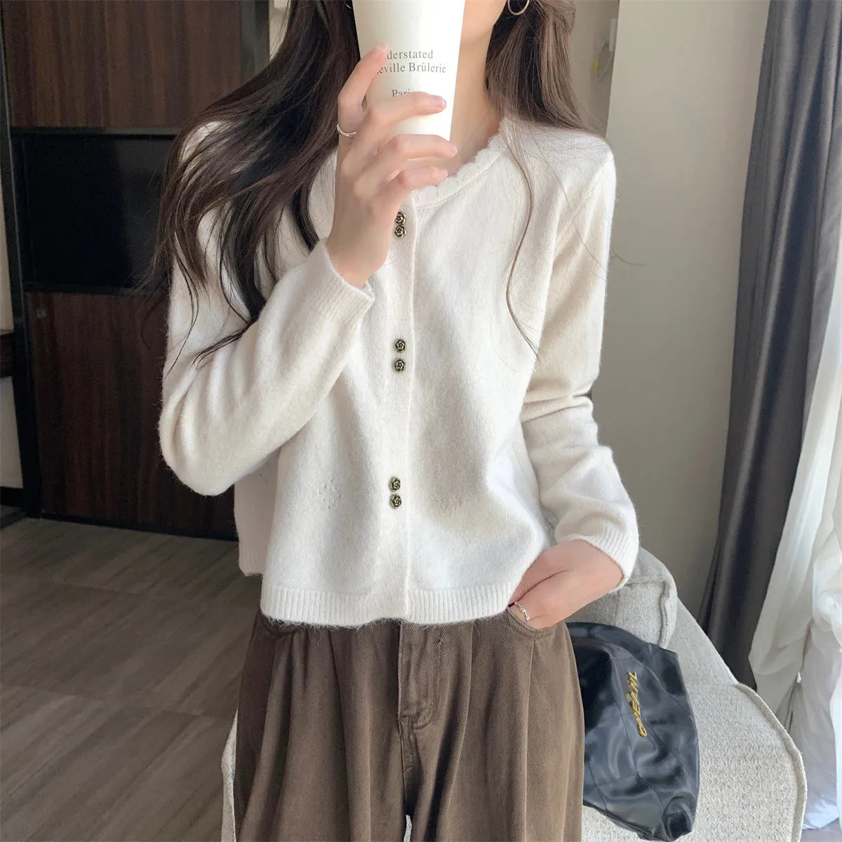 Women's long-sleeved acrylic cardigan coat in milky white colour, regular fit.